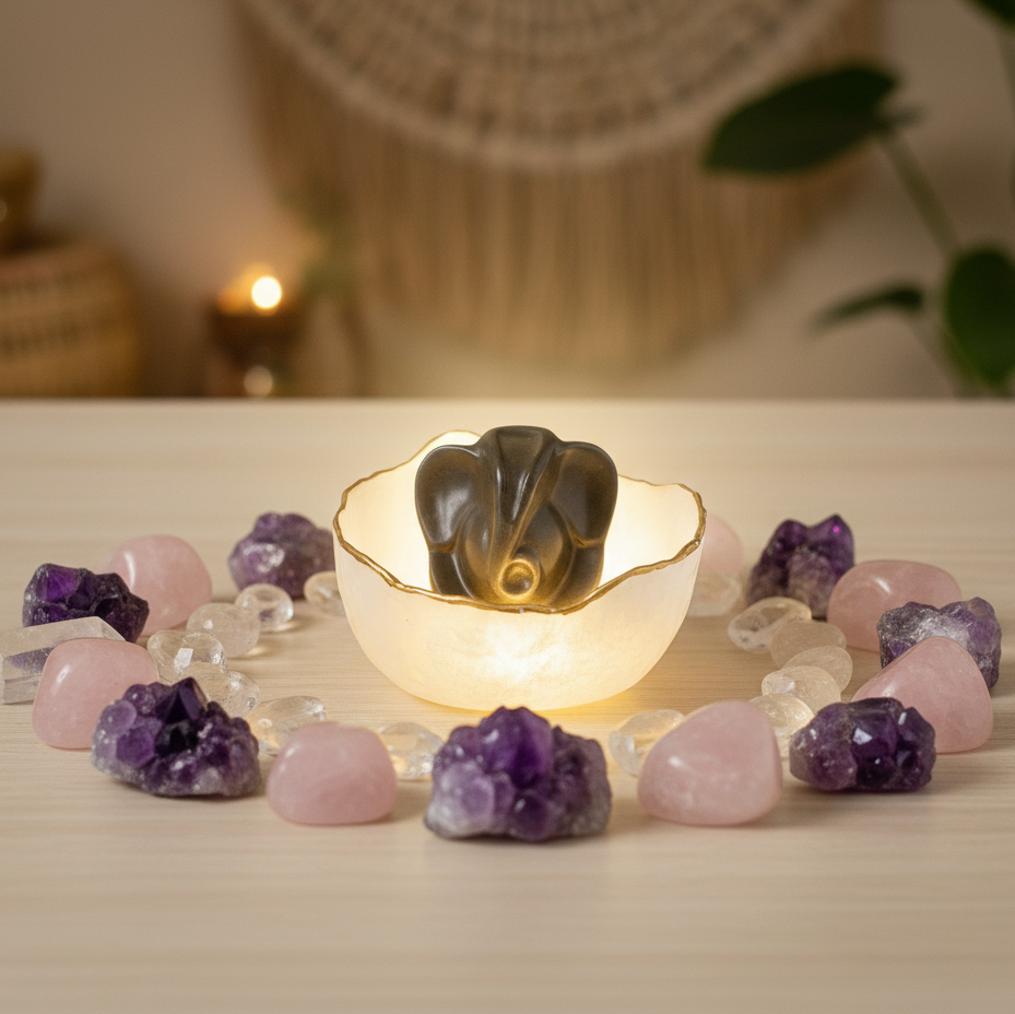 Selenite Bowl Pyramid with Ganesha