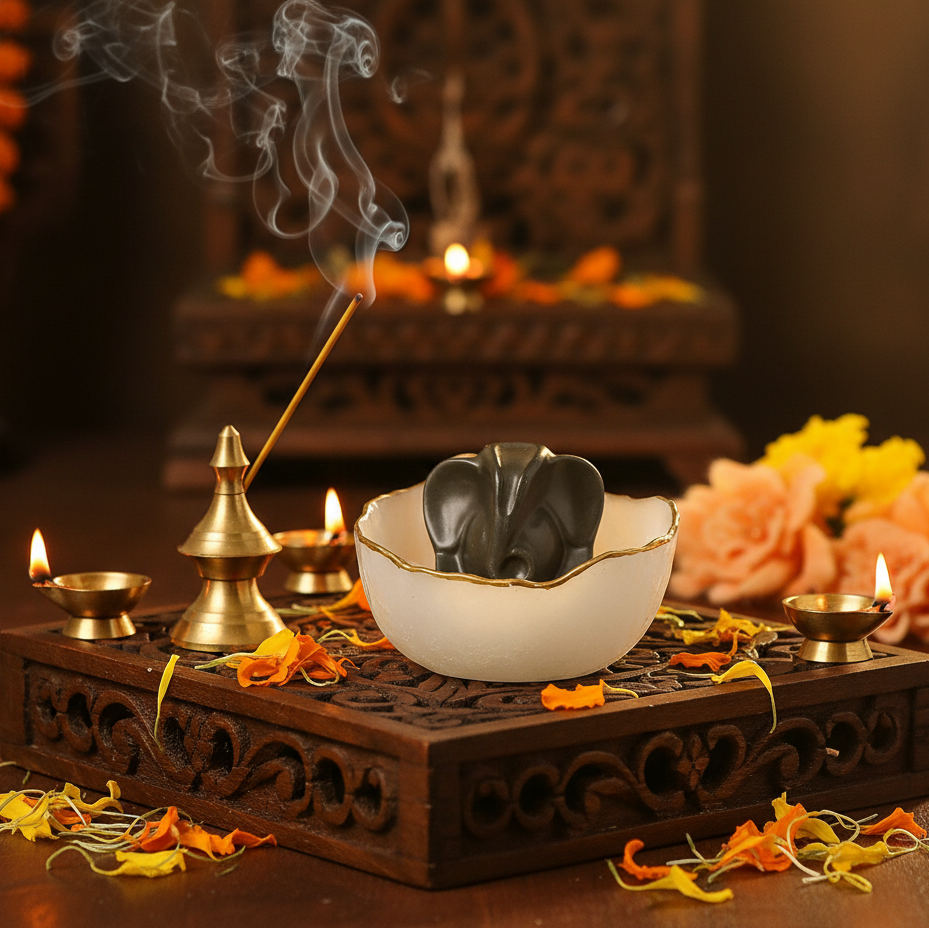 Selenite Bowl Pyramid with Ganesha