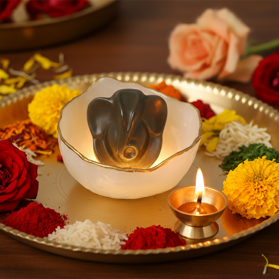 Selenite Bowl Pyramid with Ganesha